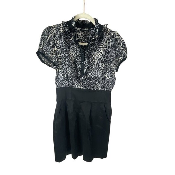 Bebe Women's Black Leopard Print Mini Dress Ruffle Collar Artsy Retro Whimsygoth - Picture 1 of 7